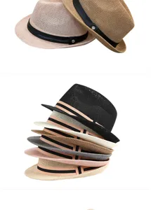 Stack of various colored breathable straw fedora hats for summer sun protection