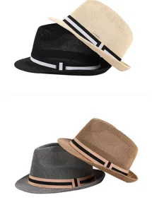 Macro view of stylish breathable straw fedora hats in four classic summer colors