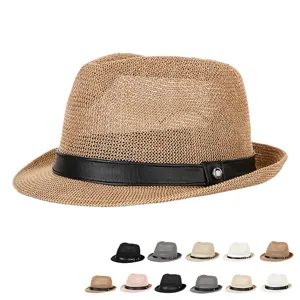 Breathable straw fedora hat with black leather band for summer sun protection and style.