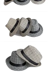 Vista dettagliata di eleganti cappelli trilby a griglia intrecciata per uomo e donna