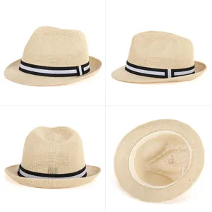 Breathable unisex straw fedora jazz hat with a black striped band shown in four angles