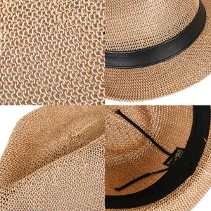 Breathable straw fedora hat for summer sun protection with adjustable inner strap
