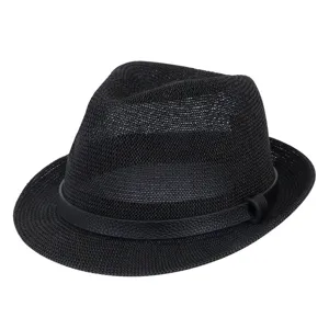Breathable black straw fedora hat with faux leather band for summer sun protection