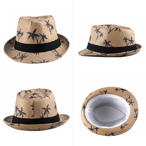 Cappello di paglia estivo traspirante con stampa di palme nere e nastro