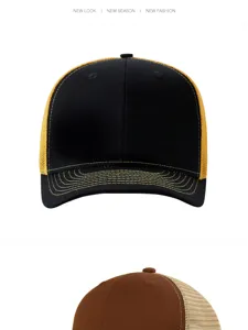 Detalle de gorras trucker de malla transpirable en negro-amarillo y marrón-beige.