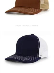 Vista detallada de gorras trucker transpirables lisas en marrón y azul marino