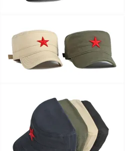 Militärische Flat-Top-Kappe aus Baumwolle mit rotem Stern-Stickerei zum Sonnenschutz