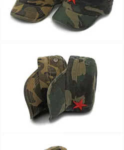 Nahaufnahme von Militär-Camo-Mützen mit roter Stern-Stickerei Details.