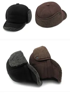 Detail view of men's winter earflap baseball caps in black and brown fleece colors