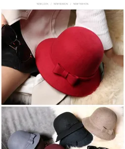 Elegante cappello a cloche in lana da donna con decorazione a fiocco e tessuto morbido