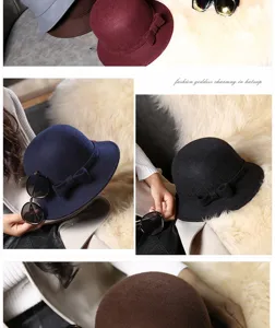 Primi piani di eleganti cappelli cloche in feltro di lana con fiocco in vari colori