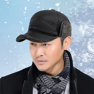 Classic men's winter PU leather baseball cap featuring warm ear flaps and knit trim