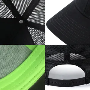 Vistas detalladas de una gorra trucker de malla transpirable con cierre snapback