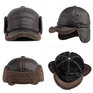 Warm winter men's PU leather baseball cap with cozy ear flaps and thick fleece lining