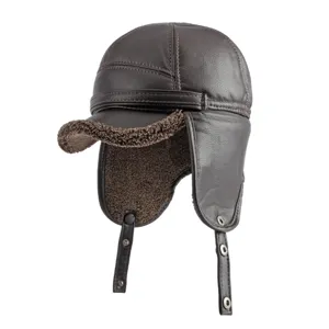 Men's winter warm PU leather earflap hat with thick fleece lining and windproof brim