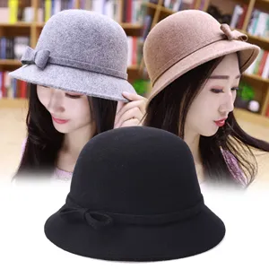 Cappello a Campana in Misto Lana da Donna Decorazione con Fiocco Elegante Vintage Britannico Caldo Cappello in Feltro Fedora per Autunno Inverno