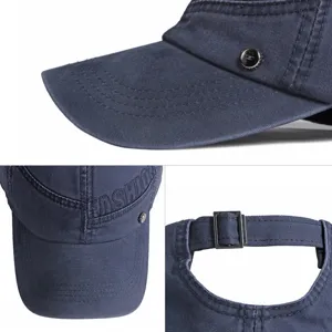 Washed cotton baseball cap with embroidered letters in navy blue showing multi-angle details