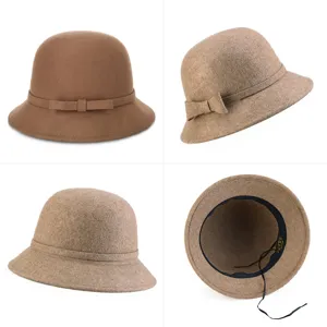 Elegante cappello cloche in feltro di lana da donna con un fiocco decorativo per l'inverno