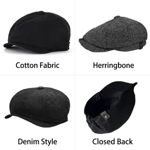 Selezione di cappelli newsboy in stile retrò britannico in cotone, spina di pesce e denim.