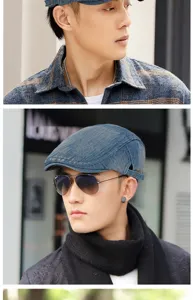 Stijlvolle blauwe denim platte pet voor heren, vintage Britse stijl baret voor de winter.