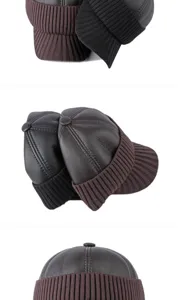 Detailaufnahme von Herren-Wintermützen aus PU-Leder mit Strickdetails in Schwarz und Braun