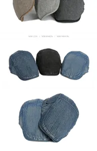 Gedetailleerd overzicht van vintage platte petten in denim en tweed stoffen in diverse kleuren.