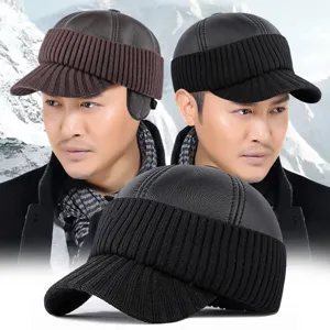Herren Winter Warm PU Leder Baseball Kappe Fleece Gefüttert Dicke Ohrenklappen Hut Mittelalte Ältere Winddicht Thermische Outdoor Schirmmütze