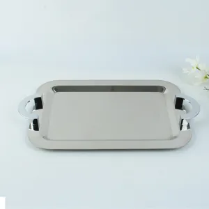 Rectangular stainless steel tray with handles, polished finish, suitable for buffet or home use