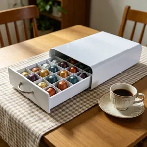 Detailansicht der weißen Schublade für 50 Kaffeekapseln auf einem Holztisch.
