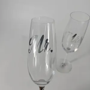 Elegant Mr. and Mrs. printed crystal champagne flutes for wedding anniversary gifts