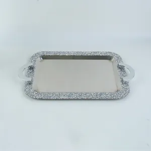 Elegant stainless steel rectangular tray with crushed diamond border and handles for serving