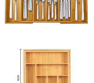 Detalle del organizador de cubiertos extensible de bambú para cajón de 46 cm