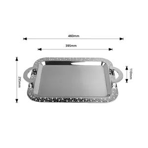 Detailed dimensions of rectangular stainless steel tray with decorative diamond border