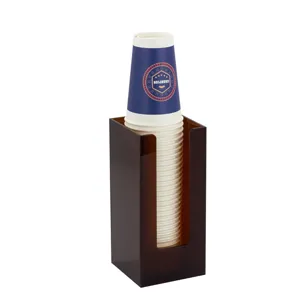 Dark brown acrylic disposable cup holder dispenser showing a stack of paper cups