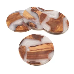 Elegant set of four handmade circular wood and resin coasters for coffee and tea cups