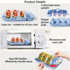Blaues Silikon-Taco-Halter-Tablett mit drei Schlitzen und Beilagenfächern für Soßen.