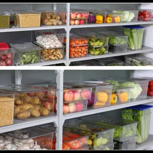 Bacs alimentaires en PC transparents avec couvercles organisés sur des étagères