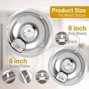 Measurement details for 6-inch and 8-inch silver gas stove drip bowls and burner covers.