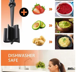 Detail view of black meat chopper tool demonstrating food preparation with fresh ingredients.