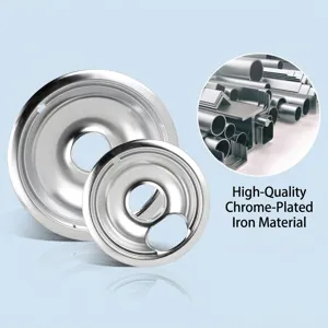 Detail view of chrome-plated iron gas stove drip pans showing durable metallic finish.