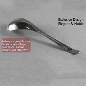 Side profile view of a polished stainless steel large soup ladle with elegant curves