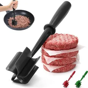 Meat chopper tool for ground beef, hamburger smasher and potato masher kitchen gadget.
