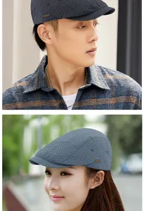 Close-up of lightweight breathable jacquard beret hat shown on male and female models