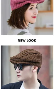 Detailed close-up view of stylish pink and brown knitted berets on Asian models for winter.