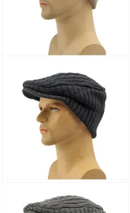Detail showing textured knit newsboy caps in dark and light grey for winter season.