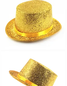 Détail d'un chapeau haut-de-forme doré brillant avec ruban en satin pour spectacles de magie