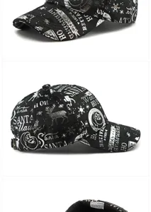 Vistas detalladas de una gorra de Navidad de felpa negra con estampados plata.