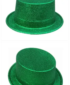 Viste dettagliate di un cappello a cilindro verde glitterato per feste e celebrazioni