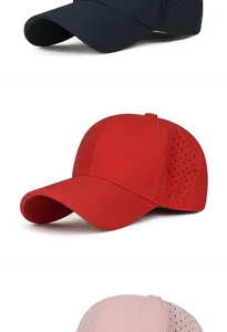 Detailansicht atmungsaktiver, schnell trocknender Baseballkappen in Marine, Rot und Rosa
