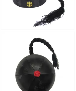 Detailed views of traditional Chinese black satin hat with an attached pigtail queue.